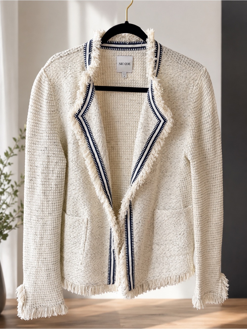 NIC+ZOE Cream Knit Blazer with Navy Trim